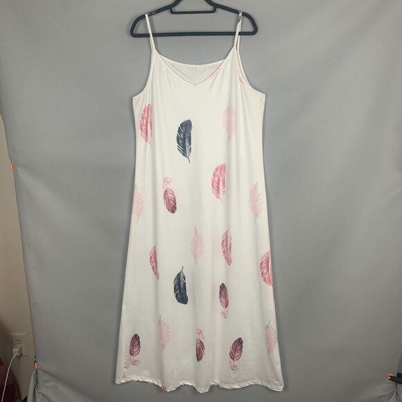 Feather Print Slip Dress Size XL White Pink Feather Motif Summer Festival Maxi - Picture 1 of 9